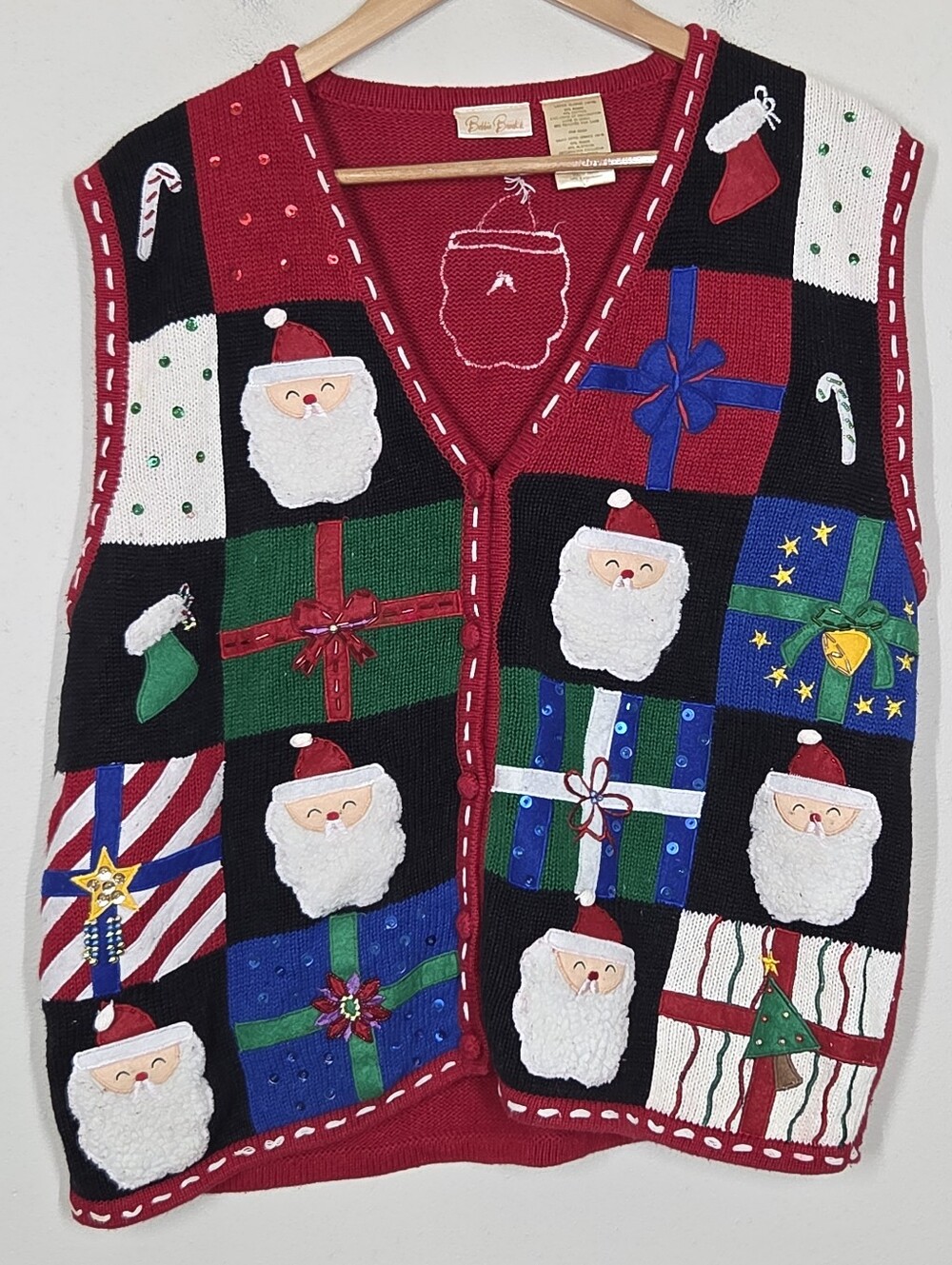 Vtg 90s Y2K Ugly Christmas Sweater Vest Santa Beaded Sequins XL Holiday Novelty